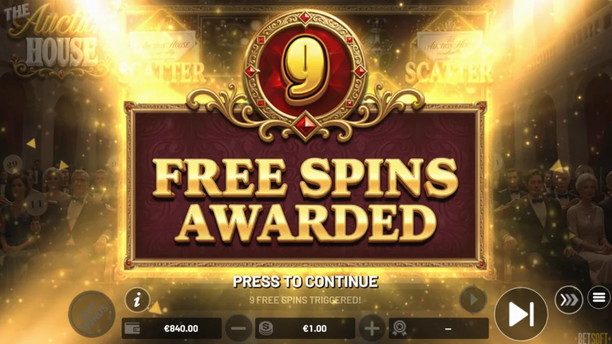 Tampilan visual mewah dari slot The Auction House dengan simbol perhiasan dan karya seni