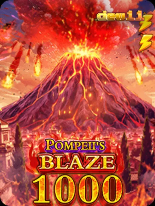 Tampilan visual slot Pompeii’s Blaze 1000 dengan latar belakang gunung berapi dan simbol Romawi.